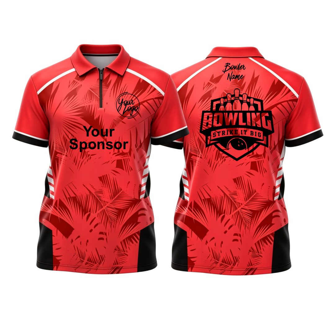 Custom red with a black and white palm leaf pattern polo zip bowling jersey