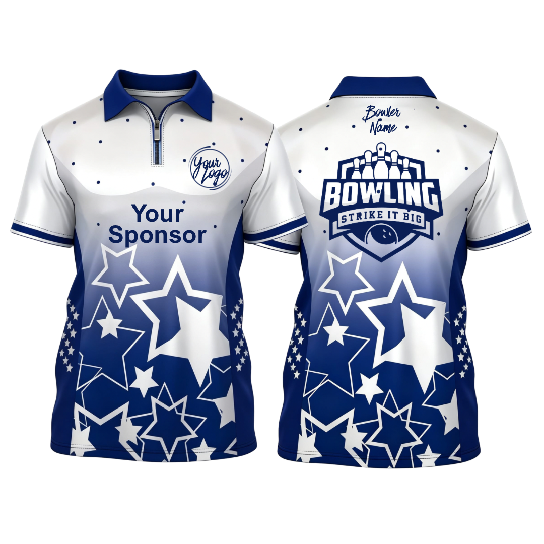 Custom white and blue gradient design with star patterns polo zip bowling jersey