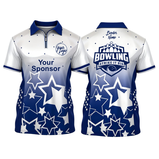 Custom white and blue gradient design with star patterns polo zip bowling jersey