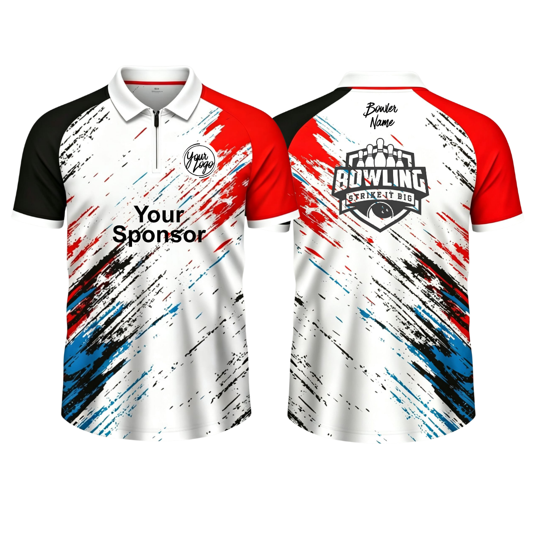 Custom white base with red, black, and blue paint-splatter graphics poo zip bowling jersey