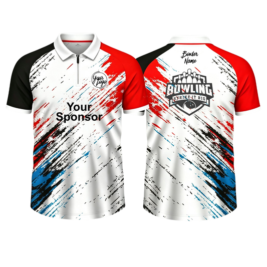 Custom white base with red, black, and blue paint-splatter graphics poo zip bowling jersey